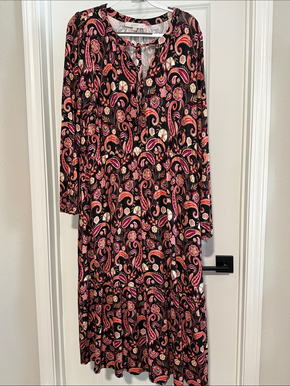 LOFT Black Paisley Midi Dress with Pink & Orange Accents